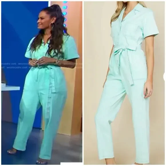 NWT Skies Are Blue Kendall Utility Jumpsuit Green Mint Sz L - Picture 1 of 9
